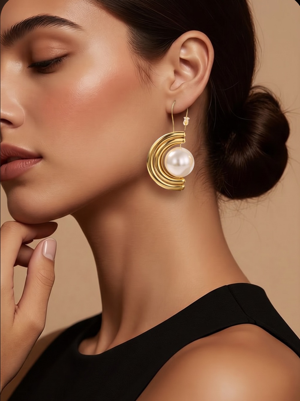 Gold Crescent Pearl Drop Earrings